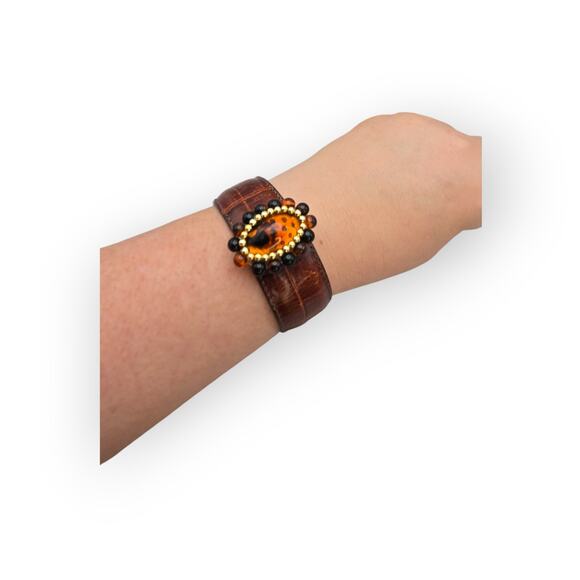 Amber Glass Beaded Center – Brown Faux Leather Wide Cuff Bracelet - Picture 8 of 9